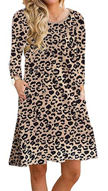 Long Sleeve Tshirt Dresses for Women Leopard Swing Dresses with Pockets Casual Loose Tunic Dress XX-Large Leopard