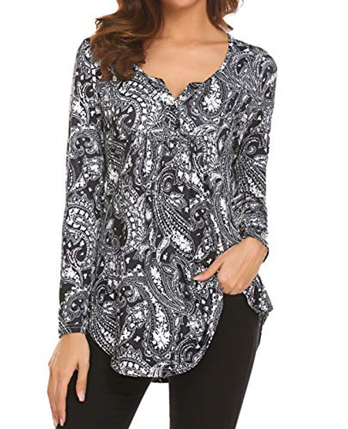 3x Womens Tops Plus Size Henley Shirt V Neck Paisley Printed Long Sleeve Buttons Up Pleated Tunic Black