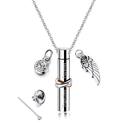Forever Together Angel Wings Urn Necklace for Ashes Women Stainless Steel Cylinder Pendant Memorial Keepsake Cremation Jewelry