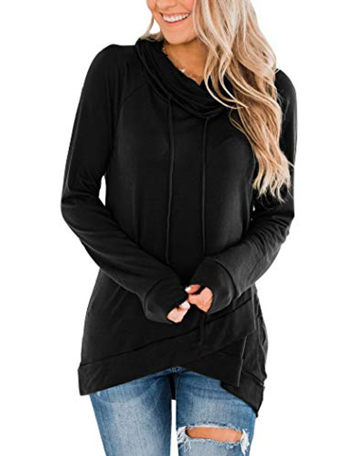 Fallorchid Womens Long Sleeve Pullovers Cowl Neck Tunic Tops Casual Drawstring Sweatshirts Black