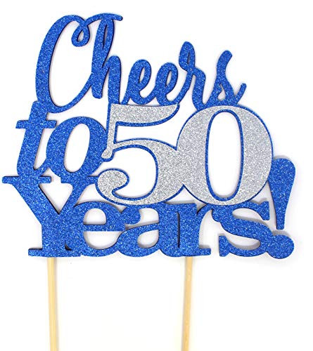 All About Details Cheers to 50 Years! Cake Topper,1pc, Birthday, Anniversary, Party Decor, Glitter Topper (Blue & Silver)