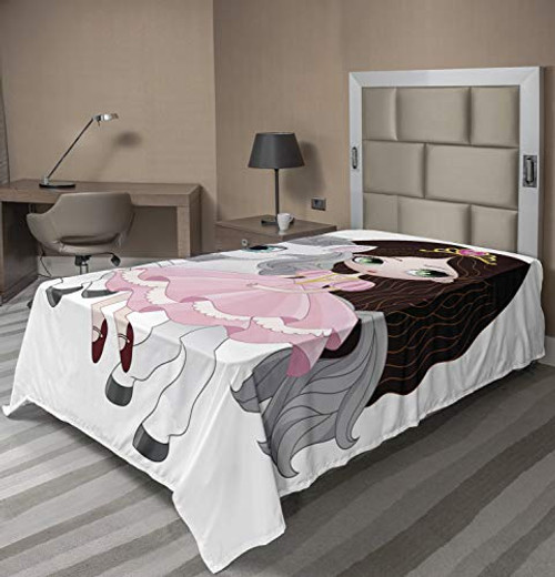 Ambesonne Fantasy World Flat Sheet  Girl with a Pink Dress and a Crown on a Pony Unicorn  Soft Comfortable Top Sheet Decorative Bedding 1 Piece  Twin Size  Seal Brown Multicolor