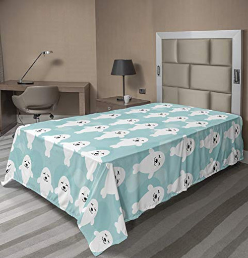 Ambesonne Sea Animals Flat Sheet  Baby Seals with Faces Children Smiling Cheerful Kids Theme  Soft Comfortable Top Sheet Decorative Bedding 1 Piece  Twin Size  Turquoise Pale Blue