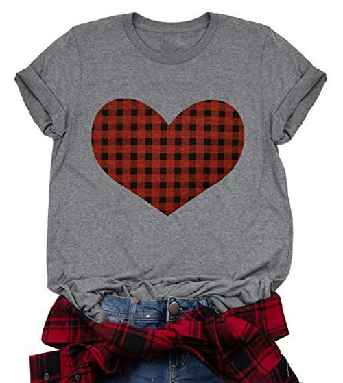 Buffalo Plaid Heart Shirt Top Womens Valentine s Day T Shirt Short Sleeve Cute Graphic Print Tee Size S -Grey-