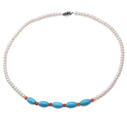 JYX 5-5.5mm Flatly Round White Cultured Freshwater Pearl Necklace with Turquoise and Coral for Women 19 inch JYX 5-5.5mm Flatly Round White Cultured Freshwater Pearl Necklace with Turquoise and Coral for Women 19 inch