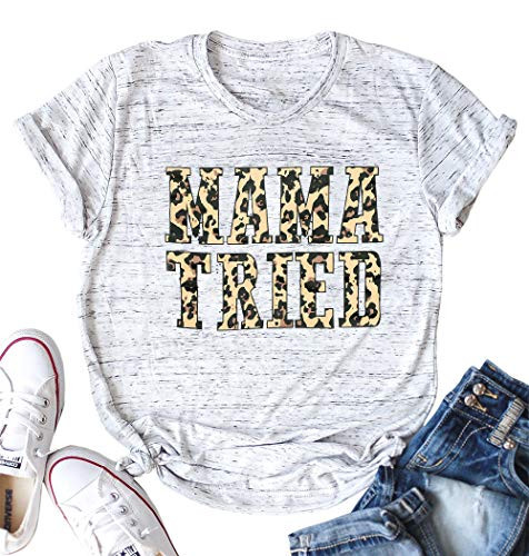 SFHFY Womens Mama Tried Leopard Letter Printed Tshirts Short Sleeve Casual T-Shirt Mom Life Graphic Tee Top White