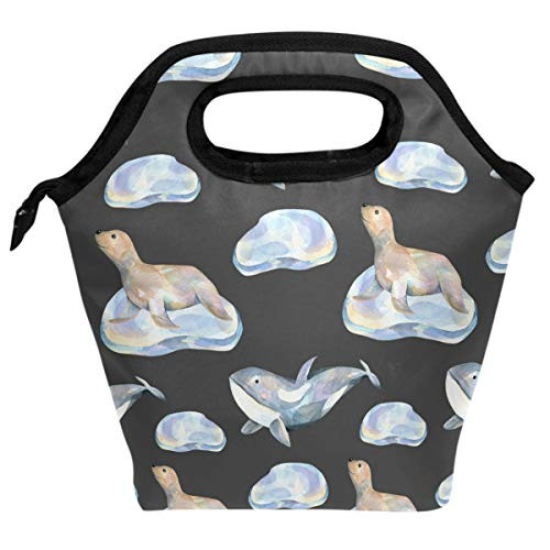 Lunch Bag Box Watercolor Fur Seals On Ice Floes And Whales Reusable Insulated Cooler Tote Bag for Women Kids Grils Lunchboxes Meal Prep Handbag for School Picnic Office