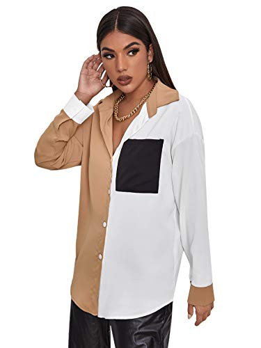 Floerns Women s Colorblock Drop Shoulder Button Down Shirts Blouse Tops Multi M