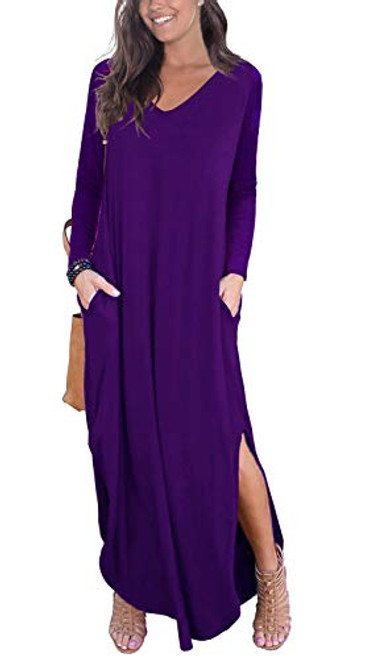 GRECERELLE Women s Casual Loose Pocket Long Dress Long Sleeve Split Maxi Dresses Purple Small