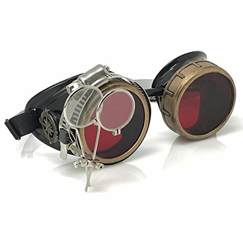 Enjoy Your Steampunk Victorian Style Goggles with Compass Design  Rose Red Lenses  and  Ocular Loupe