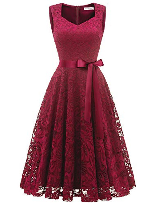 Aline Dress for Wedding Party Womens Floral Lace Cocktail Dress V-Neck Knee Length Sleeveless for Evening Prom Dark Red M