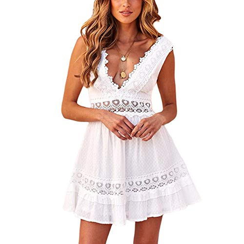 Womens V-Neck Sleeveless Lace Hem Backless Party Club Beach Mini Short Dresses -White M- Womens V-Neck Sleeveless Lace Hem Backless Party Club Beach Mini Short Dresses -White M-