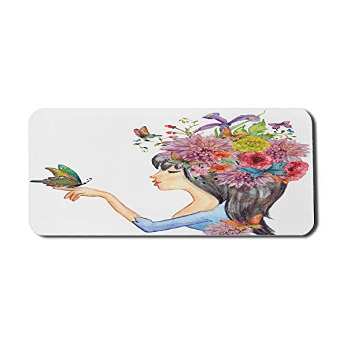 Ambesonne Floral Computer Mouse Pad  Colorful Spring Flowers Leaves Haired Woman Butterfly Artwork Image Print  Rectangle Non-Slip Rubber Mousepad X-Large  35 inch x 15 inch Gaming Size  Multicolor