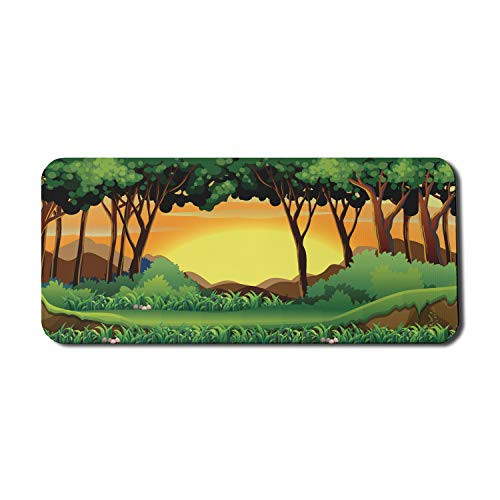 Ambesonne Forest Computer Mouse Pad  Cartoon Sunset Over Hills Tree Spring Season Inspirations Green Bushes  Rectangle Non-Slip Rubber Mousepad X-Large  35 inch x 15 inch Gaming Size  Green Caramel Yellow