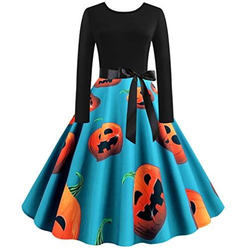 Goddessvan Women Vintage Pleated Long Sleeve Dress Halloween 50s Housewife Evening Party Prom Dress Blue