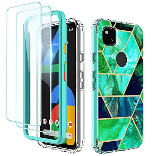 Zectoo Case for Google Pixel 4a 5.8 inch -Not for 4a 5G-  with -2 Pack Tempered Glass Screen Protector- Hybrid Full Body Dual Layer Shockproof Cute Marble Protective Case for Pixel 4a  Emerald