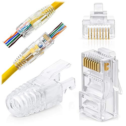 RJ45 Cat5 5e Pass Through Connectors and Strain Relief Boots  Pack of 50 50 -100 Total- - EZ Crimp Modular Data Plug for Network UTP Cat-5e Ethernet Cable