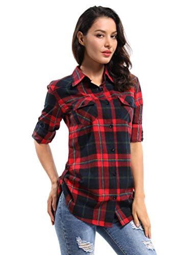 OCHENTA Women s Long Sleeve Button Down Plaid Flannel Shirt for Christmas M029 Red Navy XL