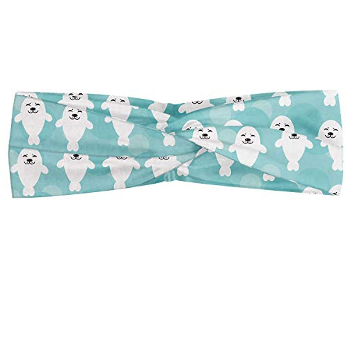 Ambesonne Sea Animals Headband  Baby Seals with Faces Children Smiling Cheerful Kids Theme  Elastic and Soft Women s Bandana for Sports and Everyday Use  Turquoise Pale Blue