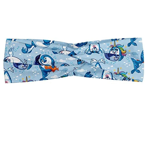 Ambesonne Sea Animals Headband  Seal Pup Cartoon Aquatic Wildlife Friendly Hugging Water Bubbles Kids  Elastic and Soft Women s Bandana for Sports and Everyday Use  Blue White Marigold
