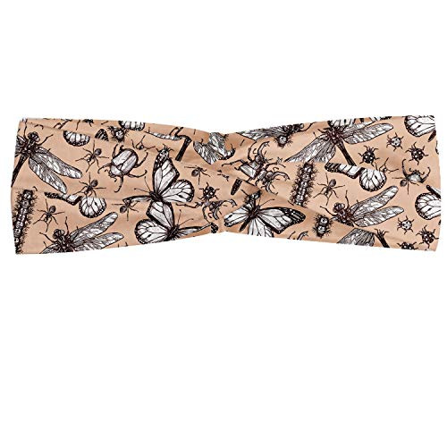 Ambesonne Vintage Headband  Hand-Drawn Sketch of Different Insects Butterfly Caterpillars  Elastic and Soft Women s Bandana for Sports and Everyday Use  Pale Peach Seal Brown