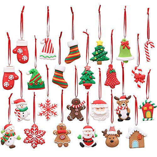 Sea Team Assorted Clay Figurine Ornaments  Traditional Gingerbread Man Doll  Gingerman  Santa Claus  Snowflake Hanging Charms Christmas Tree Ornament Holiday Decorations  1.97 inches  Set of 24
