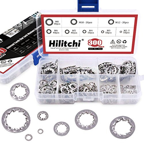 Hilitchi 300-Pcs 304 Stainless Steel Internal Tooth Star Lock Washers Assortment Kit - Included  M2.5 M3 M4 M5 M6 M8 M10 M12
