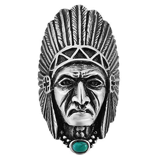 SAINTHERO Men s Vintage Gothic Stainless Steel Band Rings Silver Black Indian Tribal Chiefs Head Biker Rings Size 10
