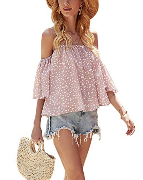 Hibluco Women s Off Shoulder Tops Flare Sleeve Shirt Summer Blouse Pink