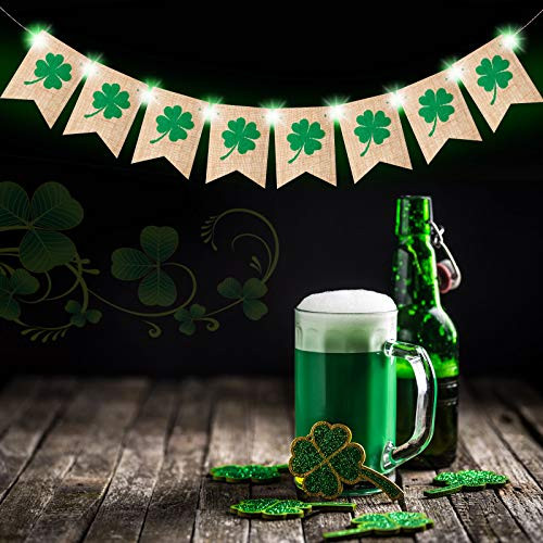 St. Patrick s Day Banner Decorations Shamrock Burlap Banner with Green String Lights Clover Irish Garland Flags for St. Patrick s Day Party Decor