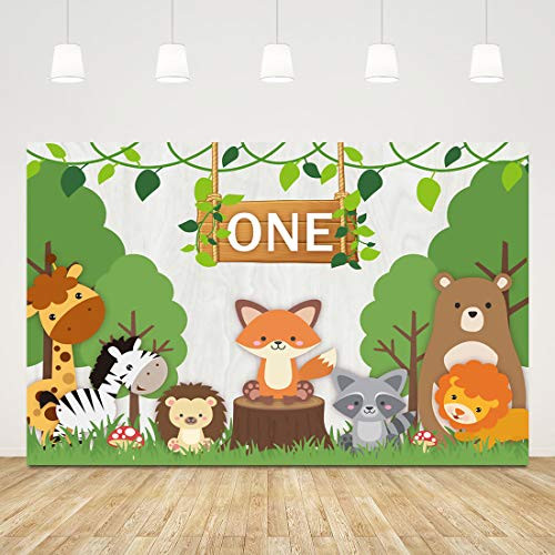 5x3ft Wild One Birthday Backdrop for Boy Jungle Safari Animals Girl 1st Birthday Background for Photography Spring First Birthday Party Decorations Tropical Trees Backdrop 1 Year Old Photo Booth Props