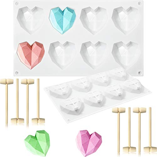 Heart Mold Silicone Diamond Mold Diamond Heart Cake Molds with 8 Pieces Mini Wooden Hammers for Baking Chocolate Fondant Mousse Cheesecake Dessert -White-