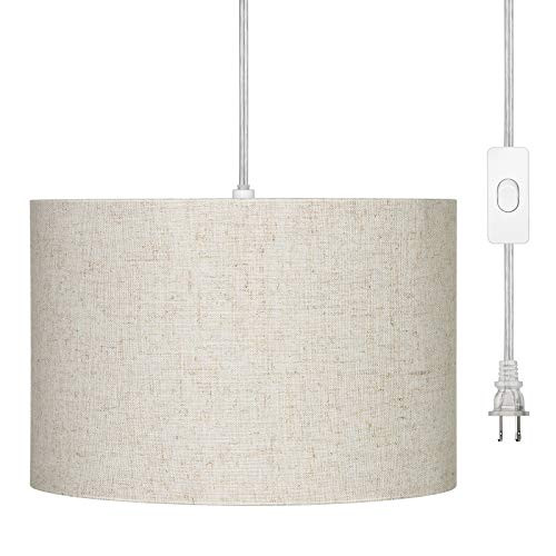 DEWENWILS Plug in Pendant Light  Hanging Light with 15ft Clear Cord  On Off Switch  Beige Linen Shade  Hanging Light Fixture for Bedroom  Kitchen  Living Room  Dining Table