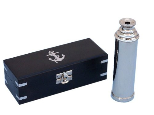 Hampton Nautical Captain's Chrome Spyglass Telescope with Black Rosewood Box, 14", Chrome