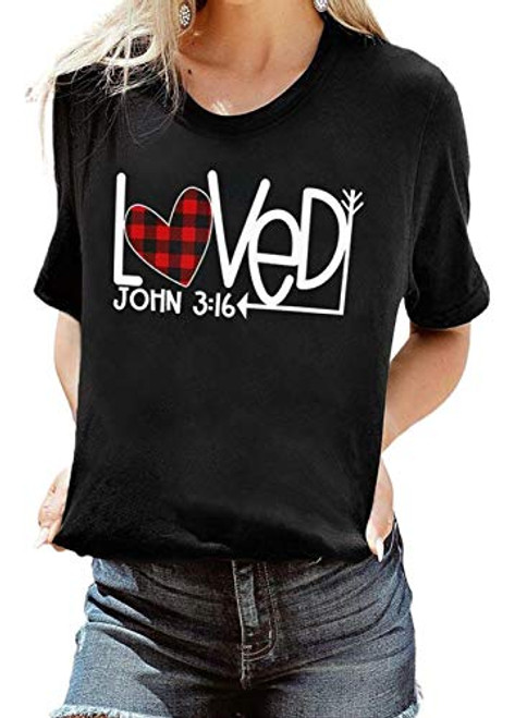 Happy Sailed Valentine s Day Shirt for Women Buffalo Plaid Love Heart Print T-Shirt Short Sleeve Graphic Tees Blouse Tops Black Small