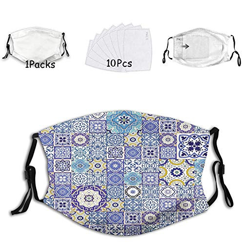 Fillter Face Cloth for adult Rich Pattern of Ancient Moroccan Tiles Patchwork Style Reusable Windproof Mouth Anti Dust Double Protection -10 Fillters-