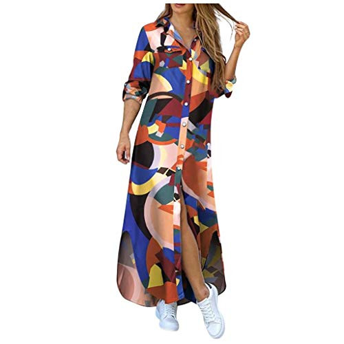 Franterd Casual Maxi Dress for Women Floral Button Down Roll up Long Sleeve Long Dress Loose Long Maxi Dresses