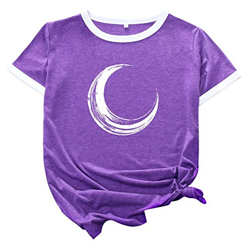 Franterd Moon Print Shirts for Women Funny Summer Patchwork Tops Shirts Loose Short Sleeve Casual Blouse Graphic Tees
