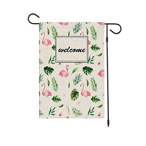 HABILY Tropical Pink Flamingo Garden Flag Vertical Double Sided Burlap Yard Flags  Welcome House Flag 12.5 x 18 Inch for Summer Spring Yard Outdoor Decor