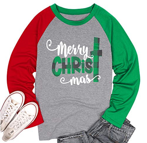 Merry Christmas Tee Shirts Women Christmas Tee Shirts Tops Letter Print Long Sleeve Raglan Baseball Tee Shirts Green-red