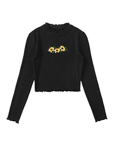Floerns Women s Lettuce Trim Long Sleeve Embroidery Rib Knit Tee Tops Black XL