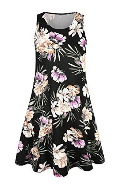 sophiashopping Women s Floral Tank Swing Dress Summer Beach Dress with Pockets Casual Loose T Shirt Dress Knee Length  L