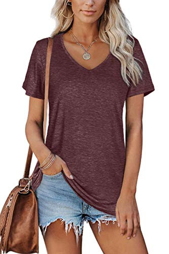 Jescakoo Plain T Shirts for Women Short Sleeve V Neck Tops Casual Loose Wine 2XL