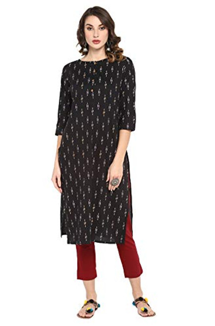 Janasya Women s Black Pure Cotton Kurta -JNE3423-KR-L-