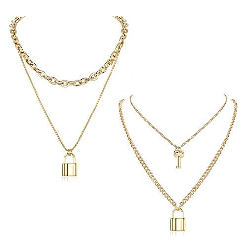JOERICA 2 Pcs Gold Plated Chain Necklace for Women Men Stainless Steel Couple Necklace Lock and Key Pendant Punk Choker Layered Necklace Set JOERICA 2 Pcs Gold Plated Chain Necklace for Women Men Stainless Steel Couple Necklace Lock and Key Pendant Punk Choker Layered Necklace Set