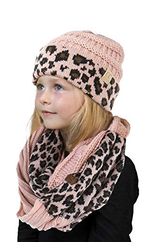 Kids Beanie  and  Scarf Bundle -NO pom-  Leopard Indi Pink