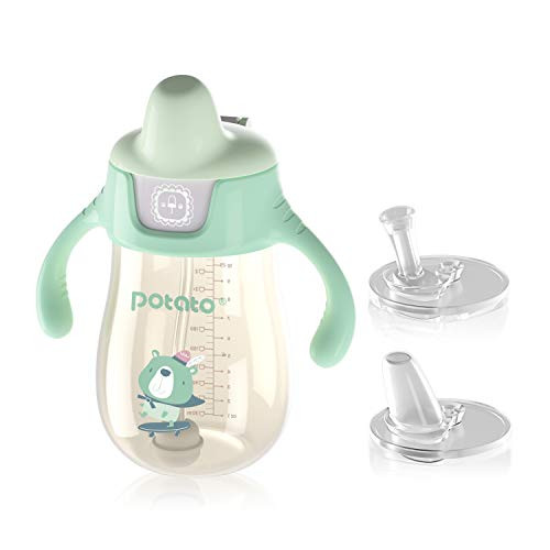 POTATO Sippy Cups For Toddlers with Straw Spill Proof  PPSU Learner Cup with Handle for Babies  Water Bottle for Baby 12 Months with 2 Type of Spout  10 Ounce Green