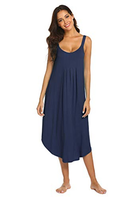 Ekouaer Womens Sleeveless Long Nightgown Slip Sleep Dress Basic Sleepshirt Chemise -Navy Blue XXL-