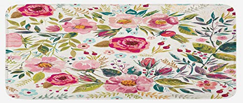 Lunarable Floral Kitchen Mat  Shabby Form Flowers Roses Petals Dots Leaves Buds Spring Season Theme Image Artwork  Plush Decorative Kitchen Mat with Non Slip Backing  47 inch X 19 inch  Magenta