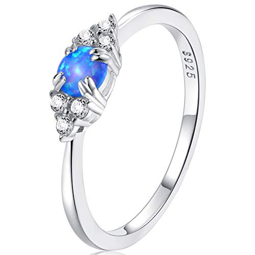 espere Sterling Silver Halo Opal Stacking Ring Simple Dainty Blue Opal Ring Birthstone Ring Size 8